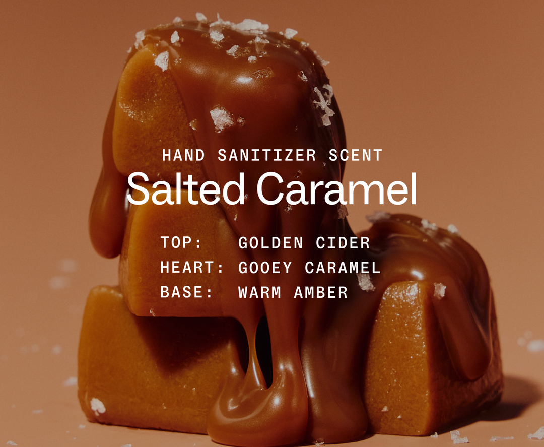 Salted Caramel Power Mist Hand Sanitizer with a hydrating formula and scent.