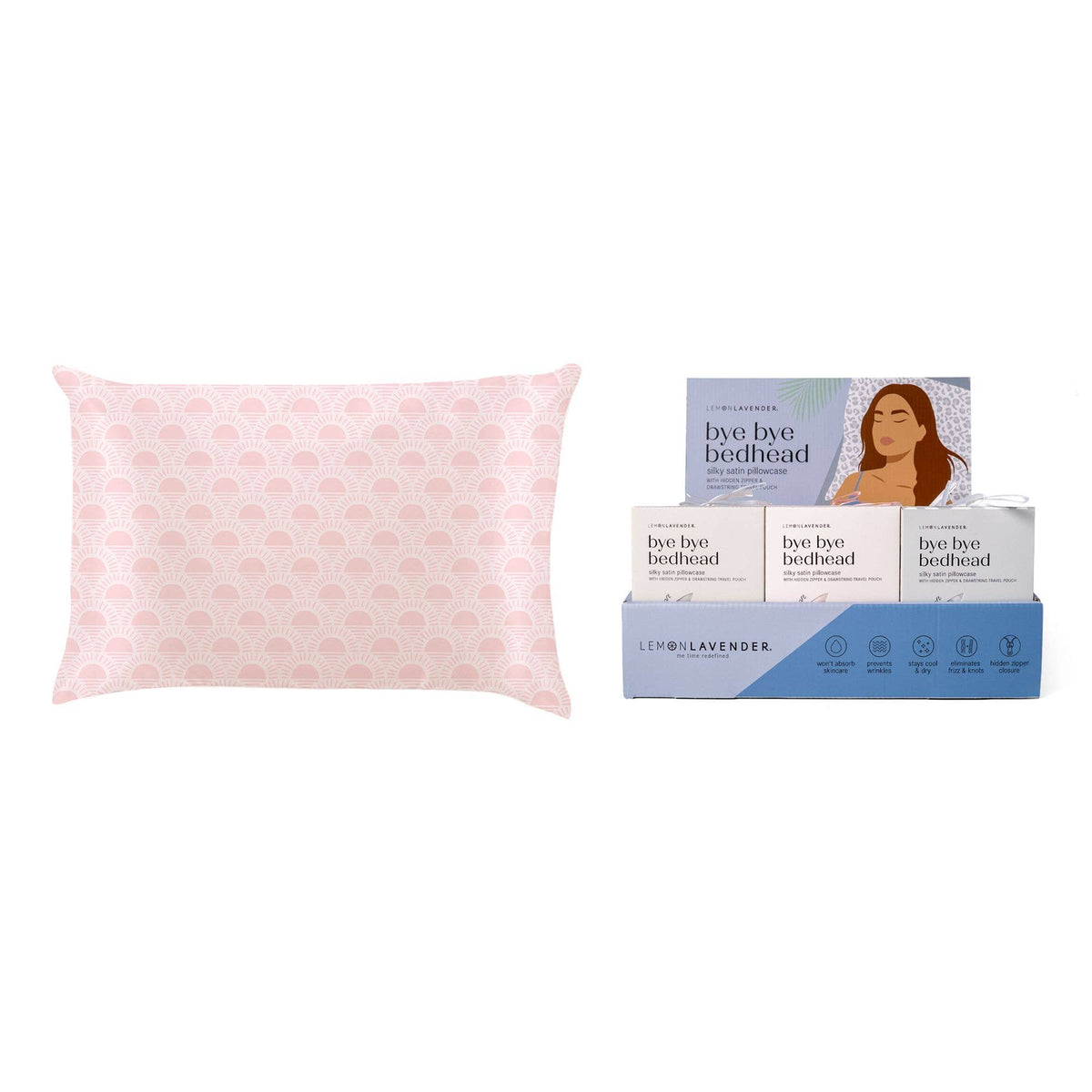 Lemon Lavender Silky Pillowcase Pattern Assort in pink, packaged in a display box labeled “bye bye bedhead.” Available sizes: standard and king. Designed to promote beauty sleep and benefit hair and skin.