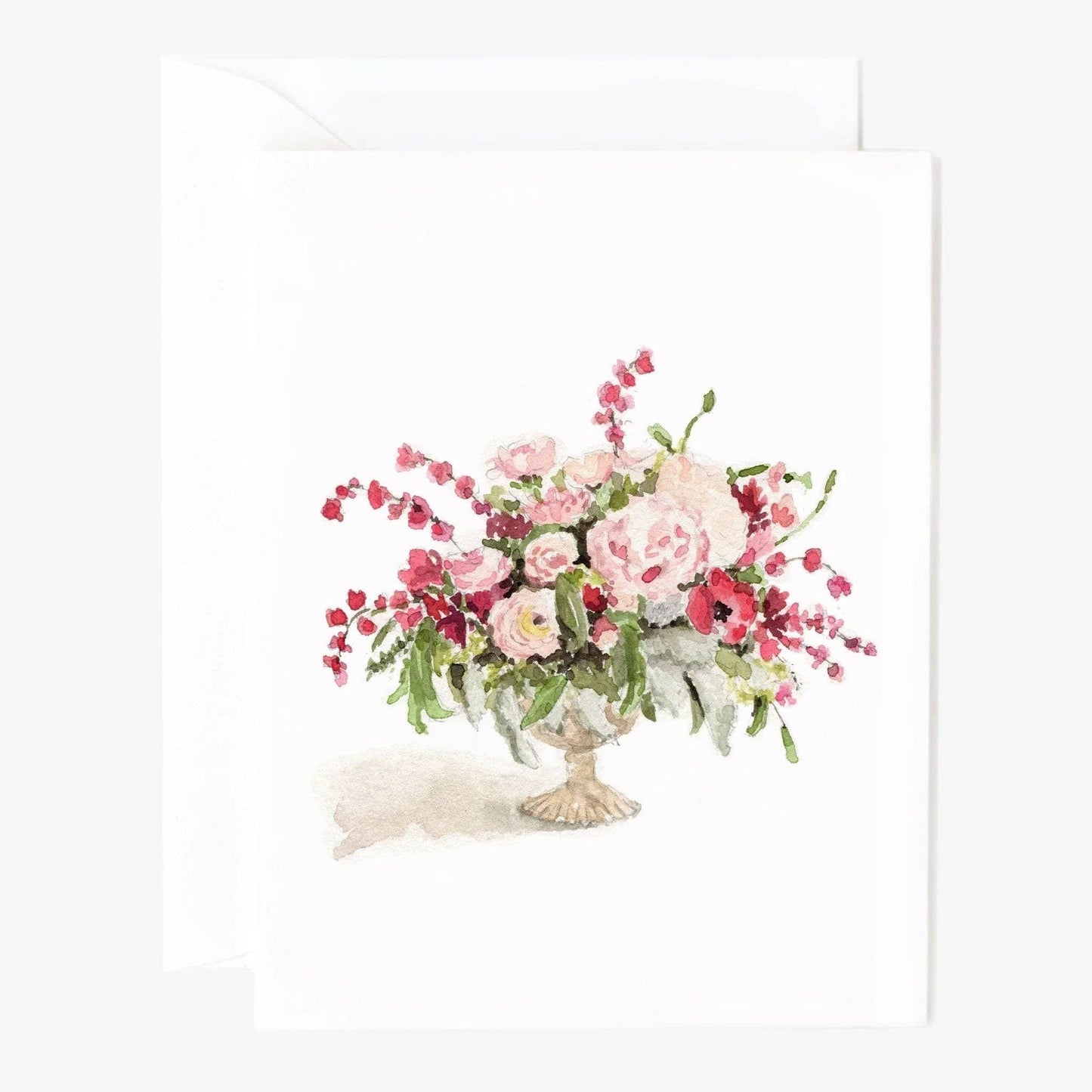 Pinks bouquet notecards with pink and white watercolor flowers in a vase; available in 4x6 and 5x7 inch sizes.