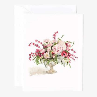 Pinks bouquet notecards with pink and white watercolor flowers in a vase; available in 4x6 and 5x7 inch sizes.