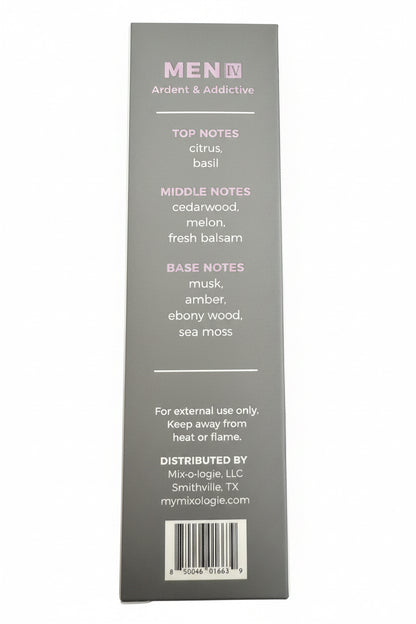 Rectangular 8ml Cologne Spray box; alcohol-based, citrus & basil top notes, cedarwood & melon middles, musky finish.