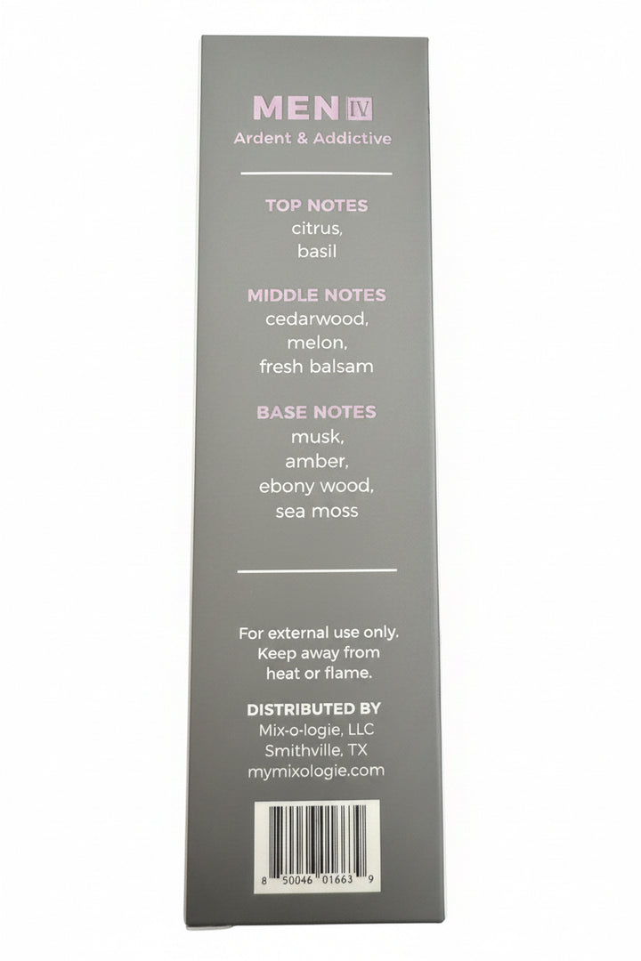 Rectangular 8ml Cologne Spray box; alcohol-based, citrus &amp; basil top notes, cedarwood &amp; melon middles, musky finish.