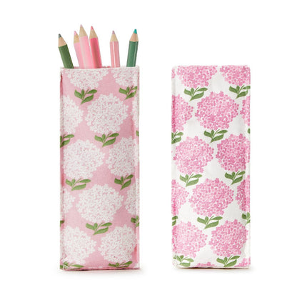 Pink Hydrangea Eyeglass Holder with pink and white floral pattern; upright rectangular shape; available in two sizes.