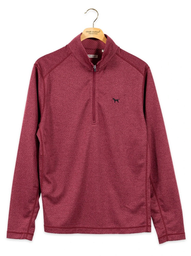 Oxblood Quarter-Zip Tech men’s maroon pullover with a textured horizontal striped pattern and small chest logo. Available in all sizes.