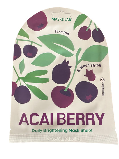 A flat, colorful sheet mask packaging labeled "Maske Face Mask" featuring illustrations of acai berries and leaves. Highlights "Firming & Nourishing." Described as a "Daily Brightening Mask Sheet." Available in one size.