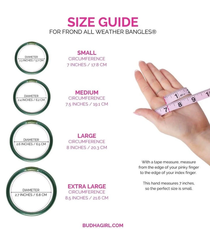 Size guide for Frond All Weather Bangles showing available diameters: small, medium, large, and extra-large. Includes instructions for measuring your hand with a tape for the best bangle fit. Waterproof design fits most wrists.