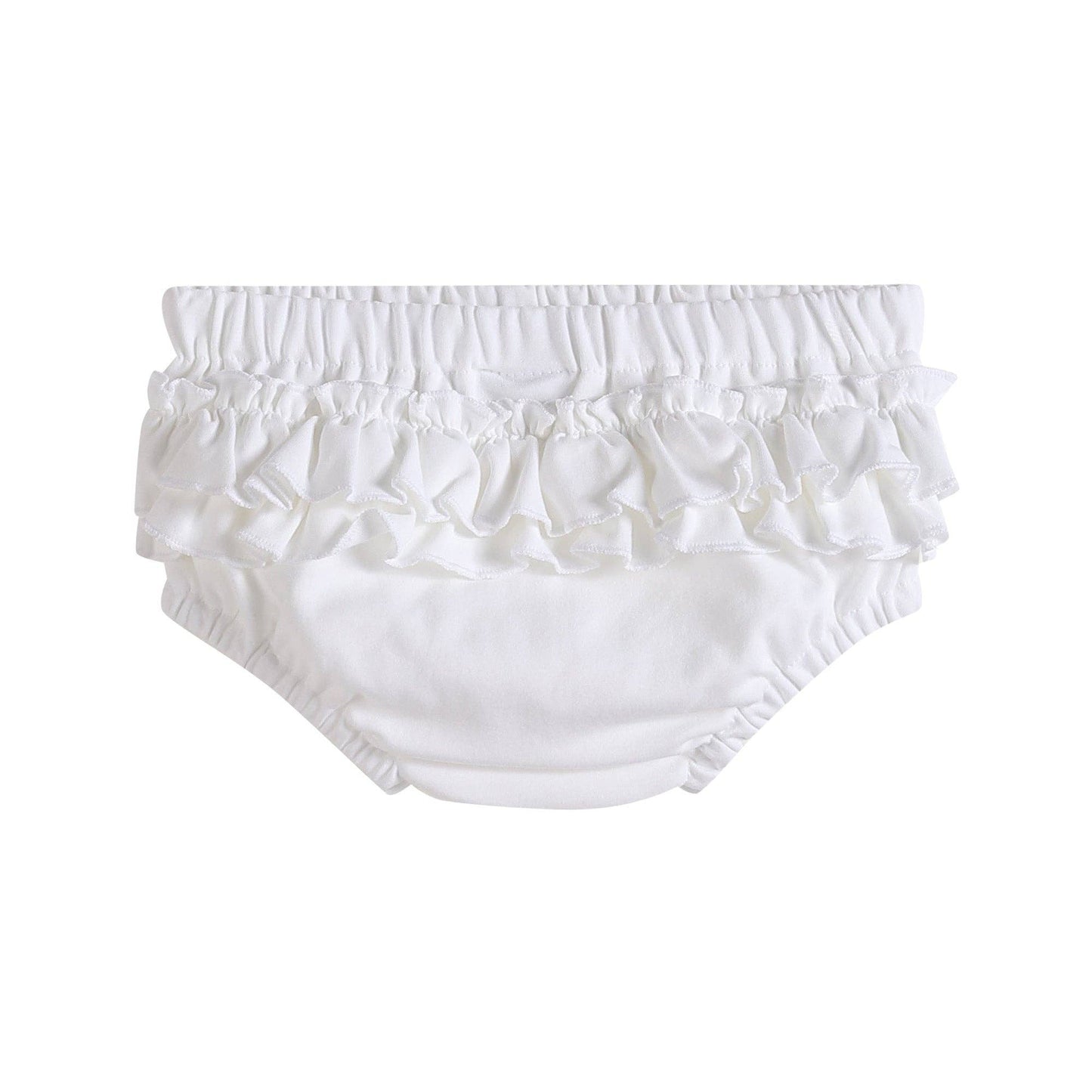 White and Pink Baby Bloomers Knit 2pc Set, soft cotton, double ruffles, elastic waist/legs. Size: 3-6M.