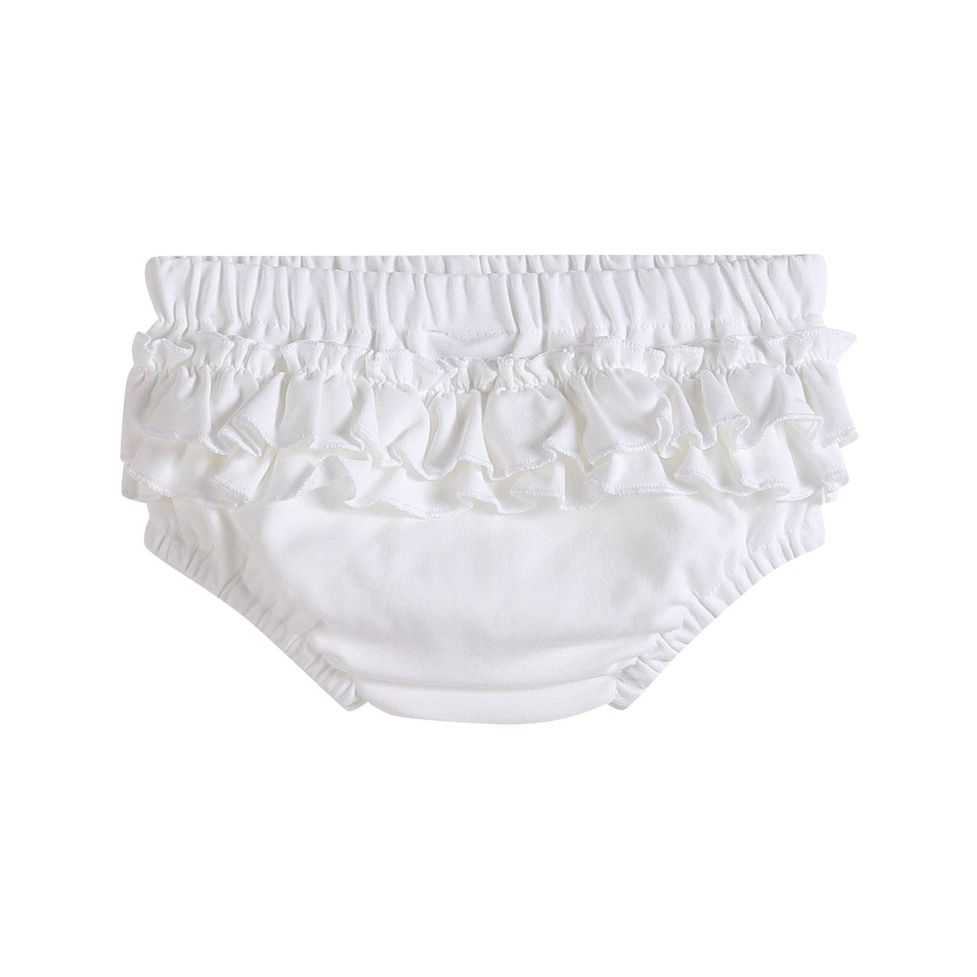 White and Pink Baby Bloomers Knit 2pc Set, soft cotton, double ruffles, elastic waist/legs. Size: 3-6M.