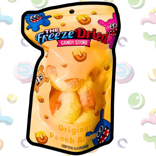 Resealable bag labeled "Freeze Dried Original Peach Rings: Singles" with crunchy peach rings. Available in single-serving size.