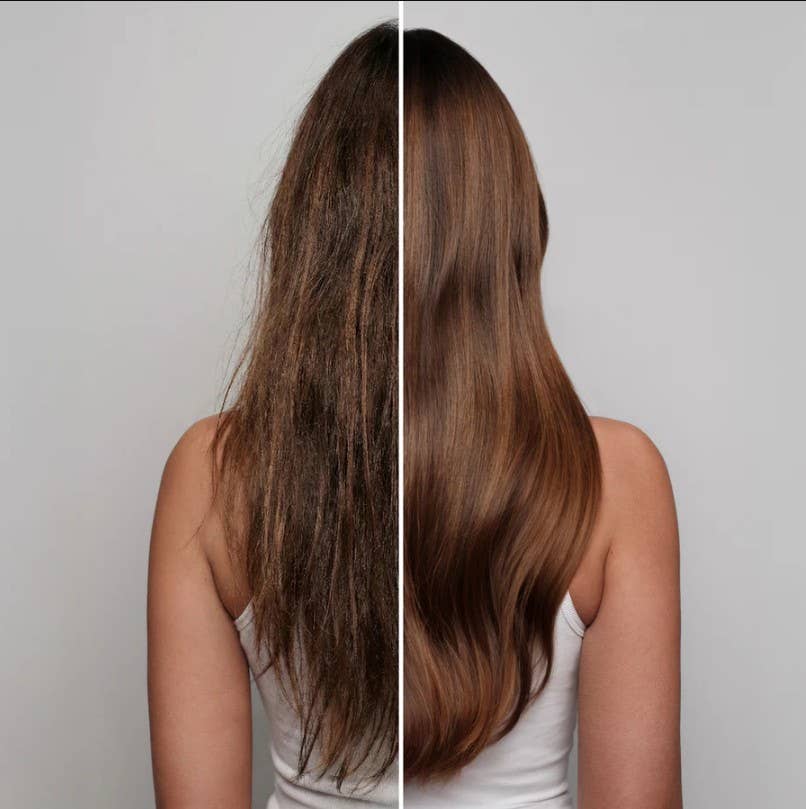 Split-screen comparison showing hair before treatment and after using Humidity Blocking Frizz Shield Spray.