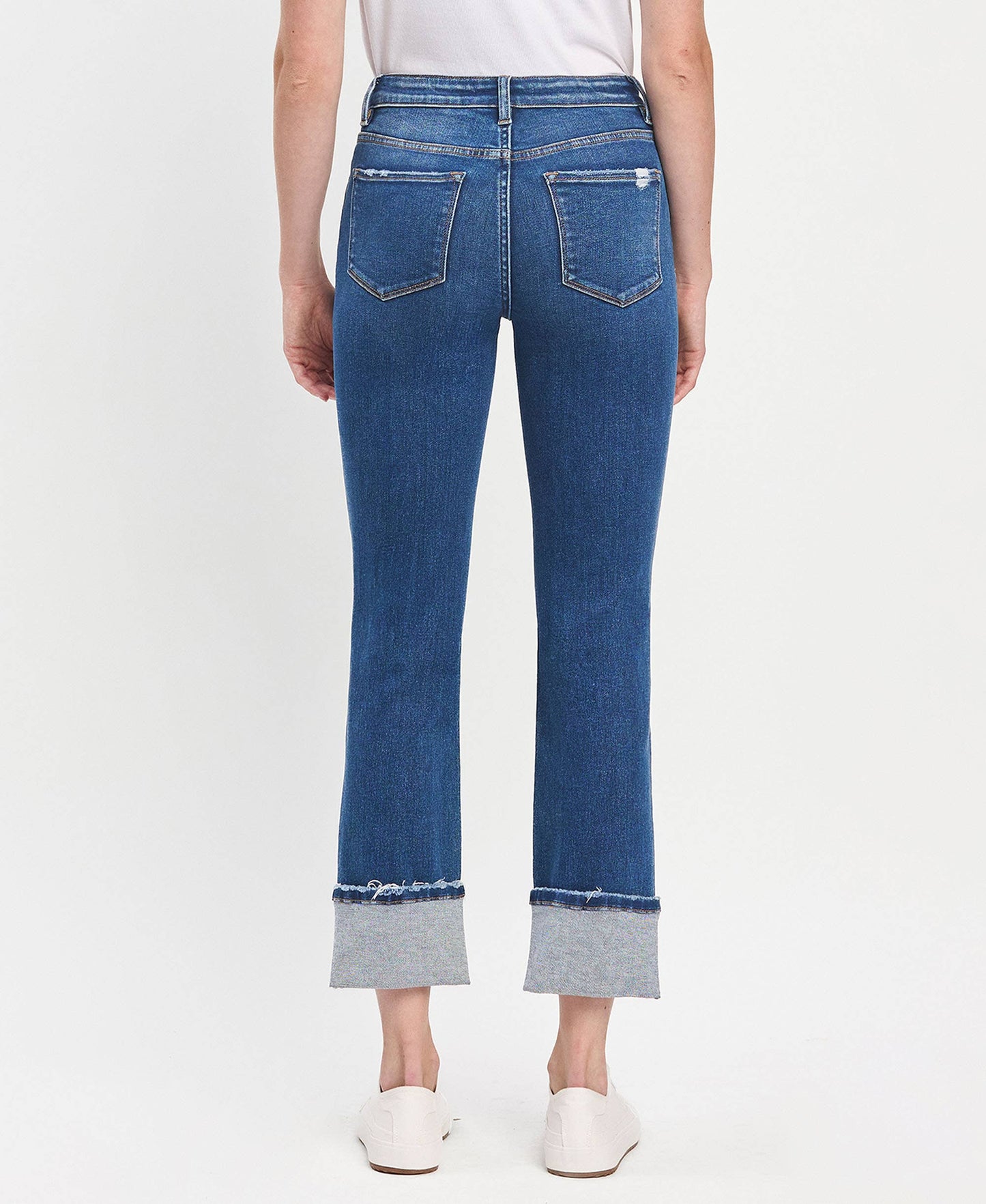 High Rise Cuffed Slim Straight Blue Jeans with cuffed hems. Available in sizes 24–32.