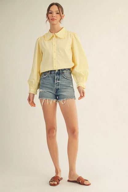 Butter Yellow Ruffle Collar Button-Up Blouse