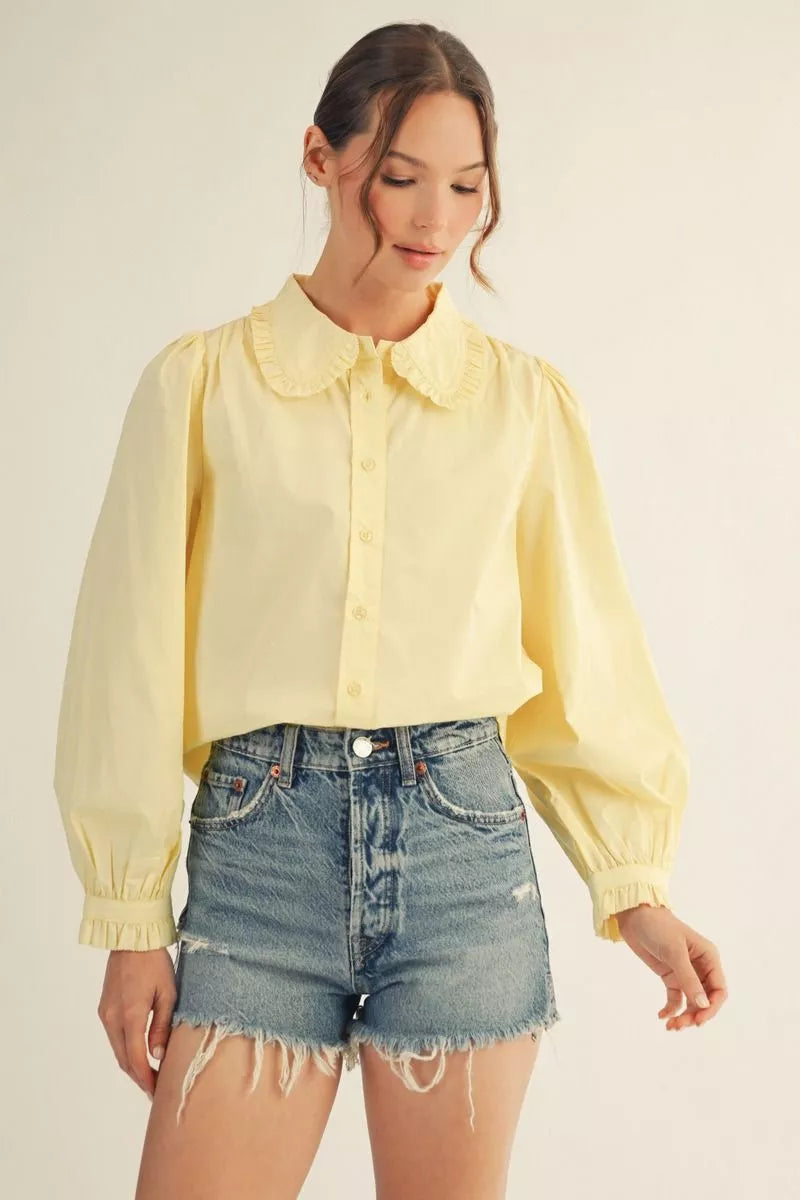Butter Yellow Ruffle Collar Button-Up Blouse
