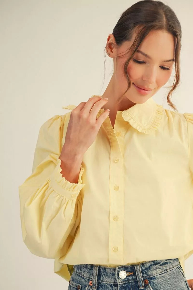 Butter Yellow Ruffle Collar Button-Up Blouse