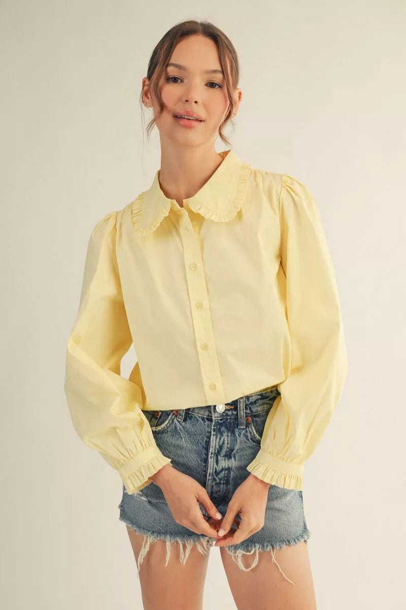 Butter Yellow Ruffle Collar Button-Up Blouse