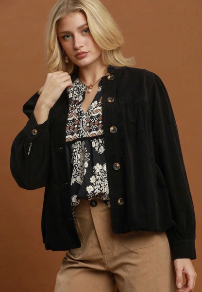Corduroy Babydoll Jacket in black, available in sizes XS-XL.