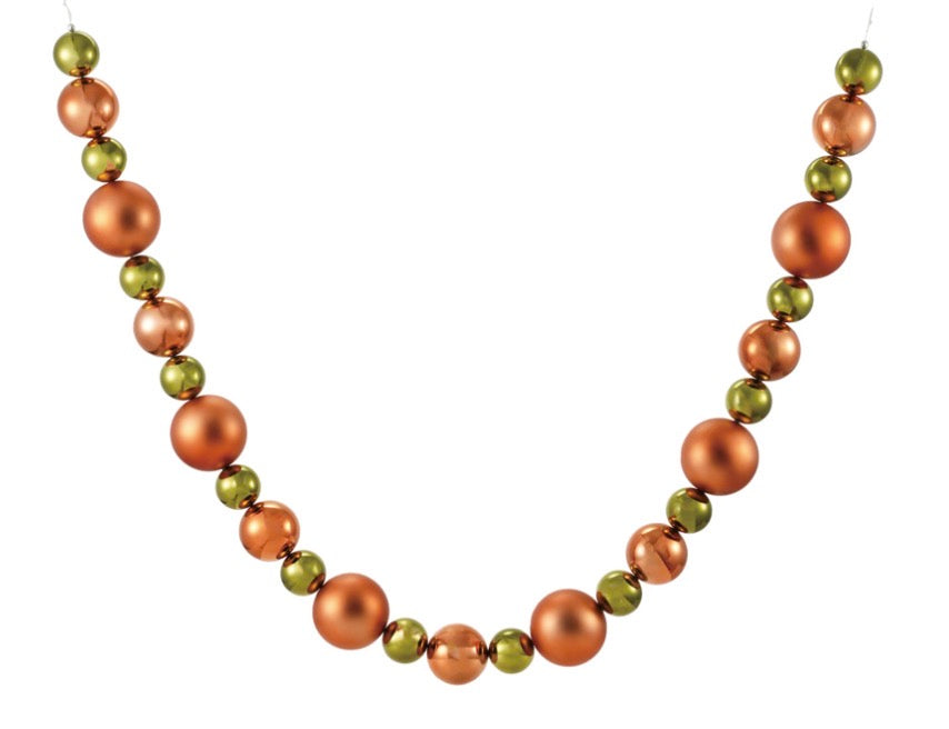 Green & Orange Ball Garland necklace with alternating shiny, round orange (larger) and green (smaller) beads. Available in multiple sizes.