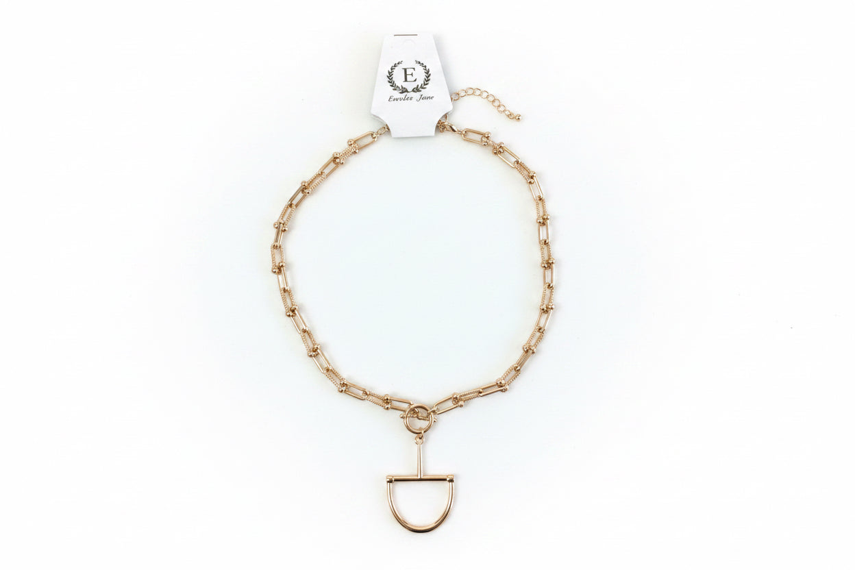 Horse Bit Chainlink Necklace with rectangular links and a signature D-shaped pendant, inspired by classic Horse Bit design. Available in multiple sizes.