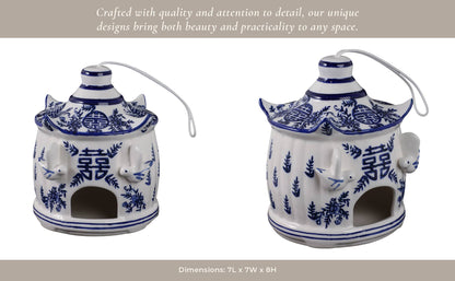 White/Blue 8-in. Chinoiserie Pagoda Birdhouse, ceramic with handles, intricate patterns, white hanging loop.