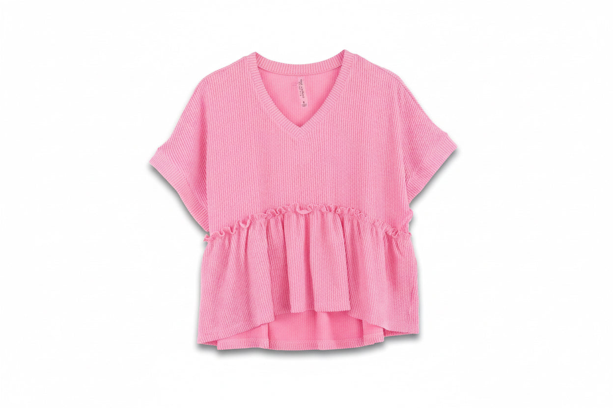Corded Pink Tiered Top with short sleeves, V-neck, textured fabric, ruffled waist, high-low hem. Available in S-XL.