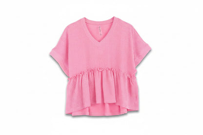 Corded Pink Tiered Top with short sleeves, V-neck, textured fabric, ruffled waist, high-low hem. Available in S-XL.