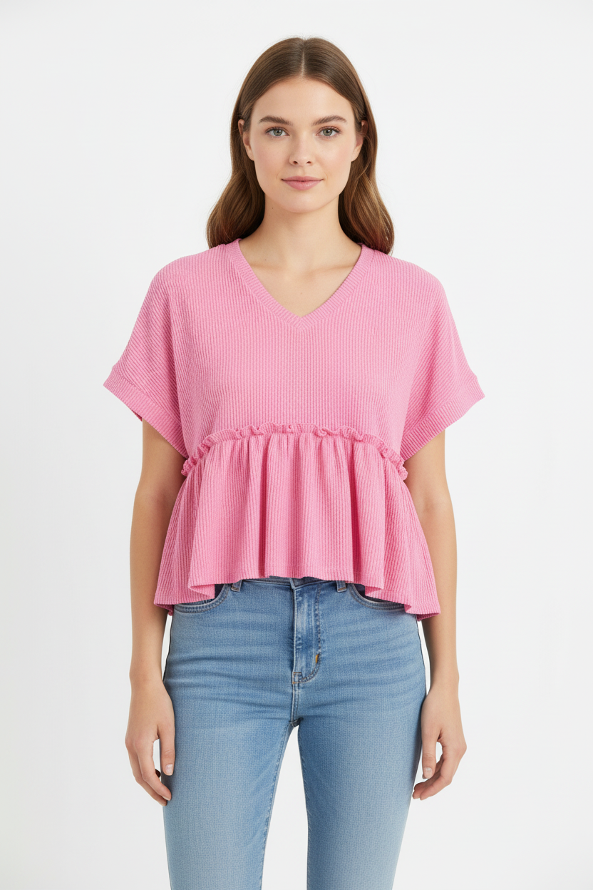 Corded Pink Tiered Top with V-neckline and high-low waistline. Available in sizes XS-XL.
