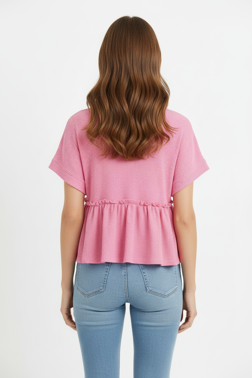 Corded Pink Tiered Top available in XS–XL; features tiered design and corded texture.