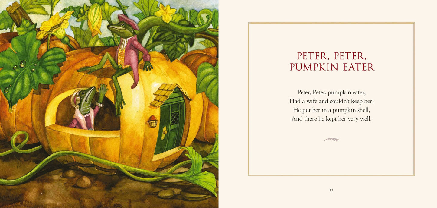 Mother Goose Rhymes Illustrated book with two frogs and a pumpkin house. Available sizes: hardcover, paperback.