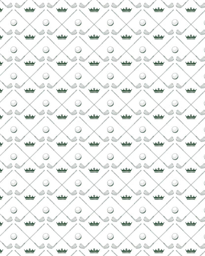 Men's Royal Golf Performance Polo: white, patterned with crowns, golf balls, tees; available in S-XXL.