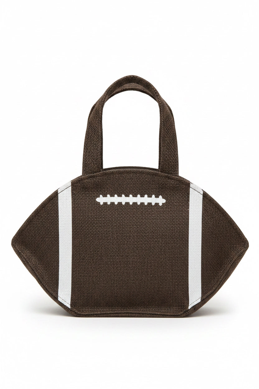 Football Petite Gift Tote with brown coloring, white stripes, and laces detail; available in petite size.