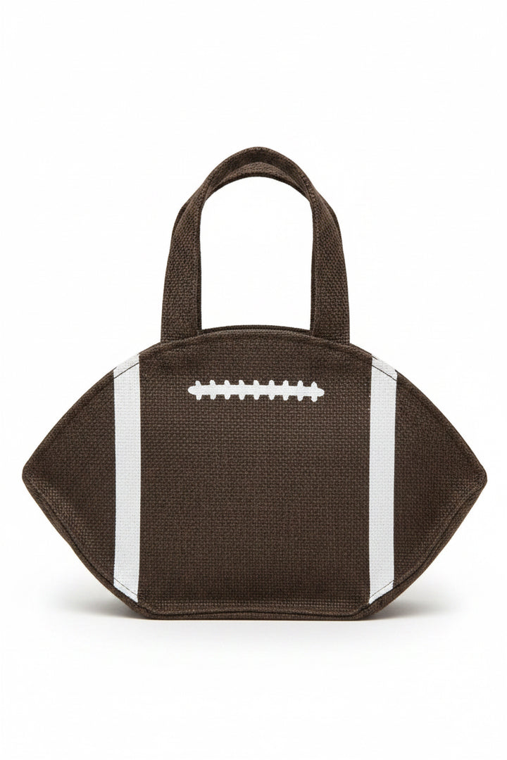 Football Petite Gift Tote with brown coloring, white stripes, and laces detail; available in petite size.