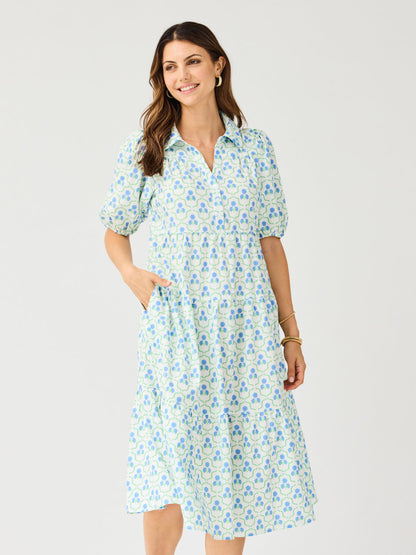 Light blue and green floral tiered midi dress with short puff sleeves and collar. Available in sizes XS-XL.