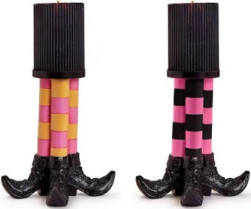 Bewitching Pillar Candleholder with Glitter Accent features witch’s legs in striped and checkered stockings with black glittery curled-toe shoes, topped with a black hat as a pillar candleholder. Available in multiple sizes.