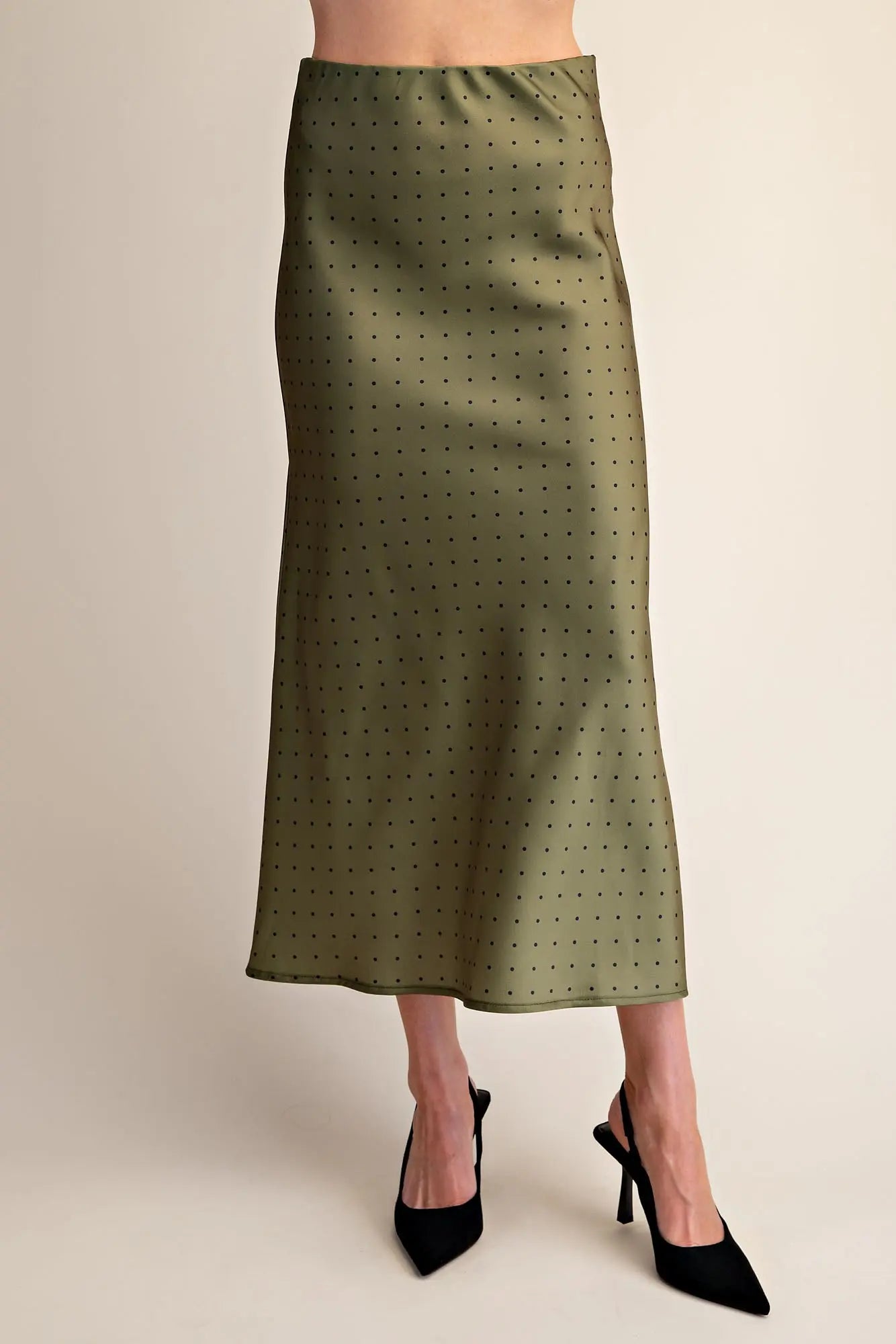 Polka Dot Satin Skirt in olive green, available in sizes XS–XL.