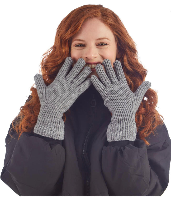 Gray Knit Glove with Touch Screen, available in S, M, L; features knit design for warmth and device compatibility.