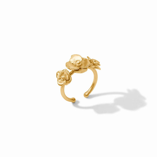 The Bloom Ring | Gold: 24K gold-plated open adjustable band with three delicate flower designs. Available in sizes S, M, L.