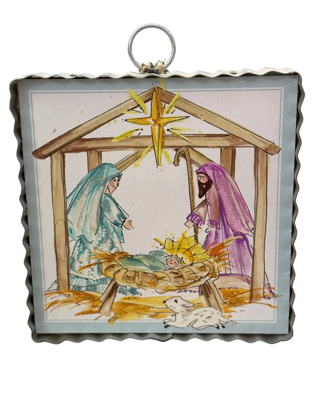 Mini Gallery Art Beck’s Holy Family: square watercolor Nativity illustration under a gold star, framed in corrugated metal with a hanging loop.