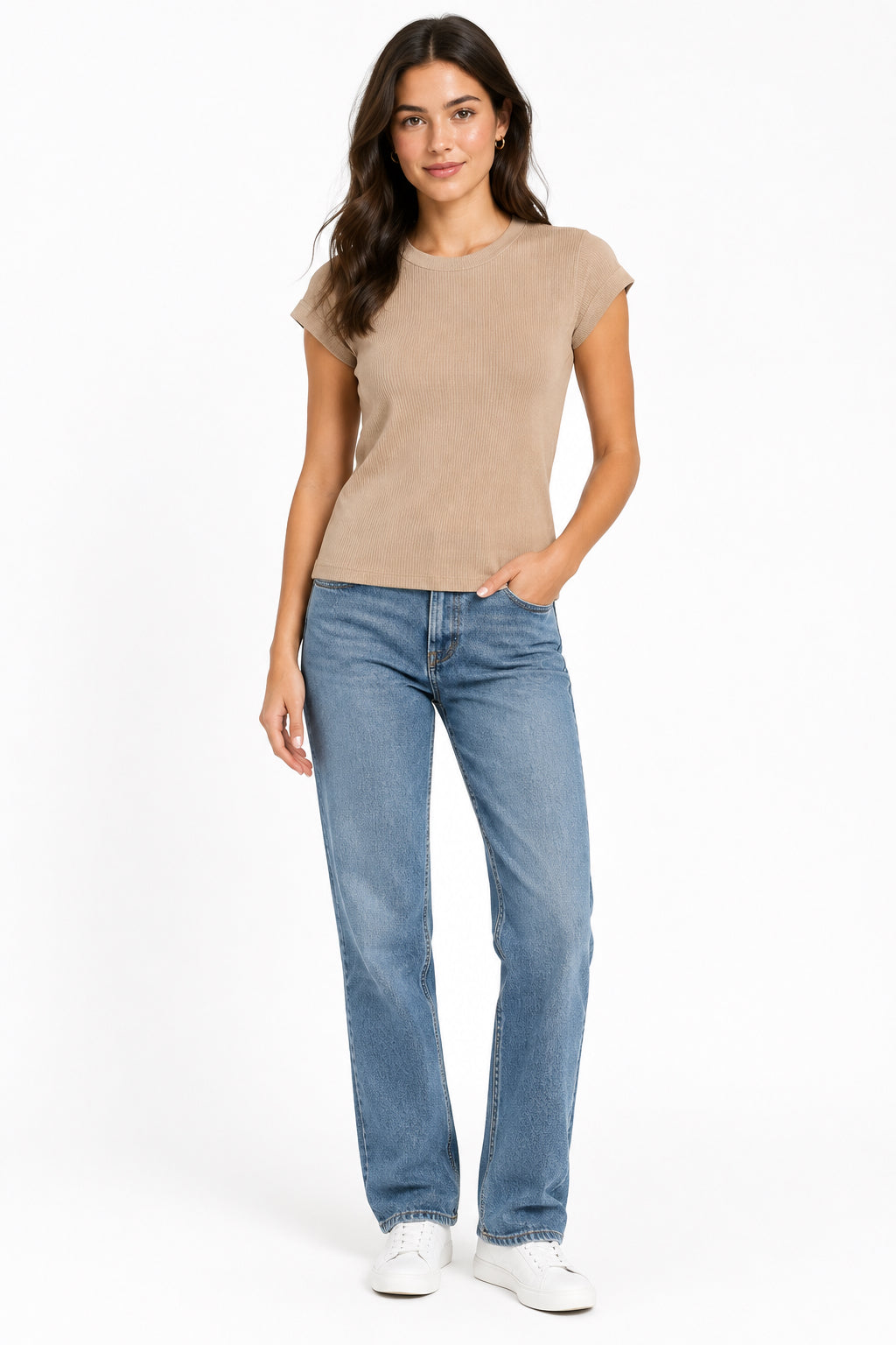 Beige ribbed short-sleeve crewneck Basic Babe Top. Available in all sizes.