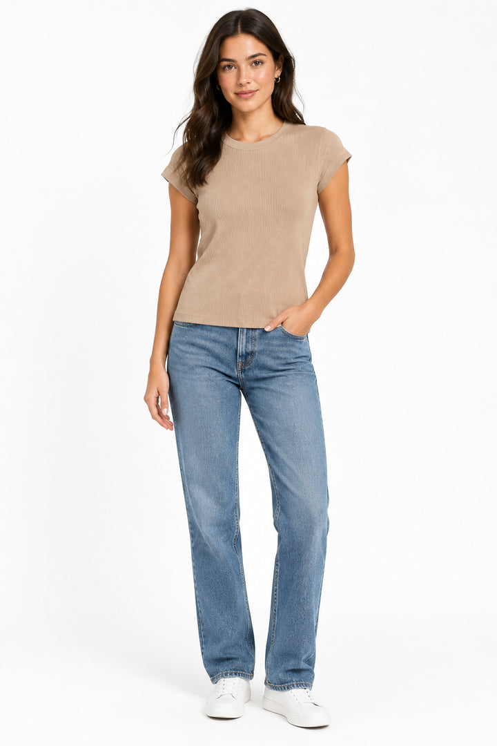 Beige ribbed short-sleeve crewneck Basic Babe Top. Available in all sizes.