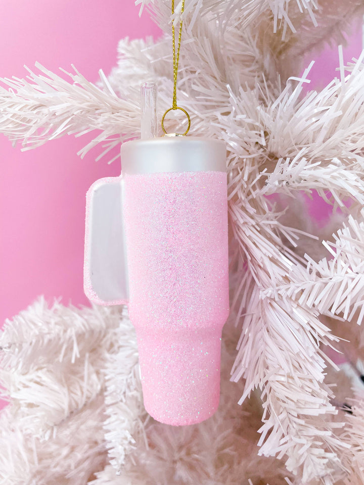 Pink glittered trendy tumbler Christmas ornament with straw.