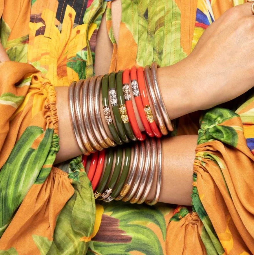 Three Kings All Weather Bangles | Jade by BuDhaGirl in gold, red, and green metal and enamel. Available in sizes S, M, L.