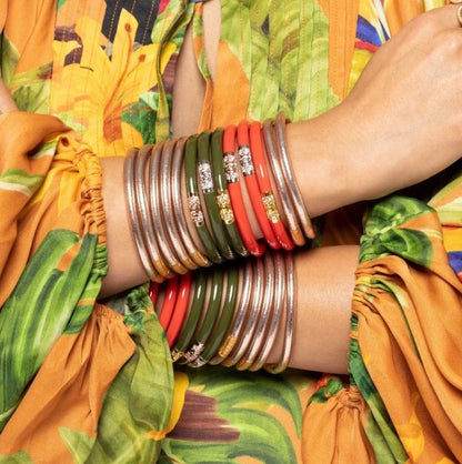 Three Kings All Weather Bangles | Jade by BuDhaGirl in gold, red, and green metal and enamel. Available in sizes S, M, L.