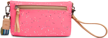 Small neon pink purse with tan zipper, leather pull, star confetti, detachable wristlet. Sizes available: S, M.