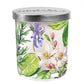 The Rosemary & Margarita Jar Candle features a vibrant botanical print with lime slices, flowers, green leaves, and purple blossoms. It has a decorative silver lid and contains soy blend wax for a luxurious fragrance. Available sizes: 8 oz, 16 oz.