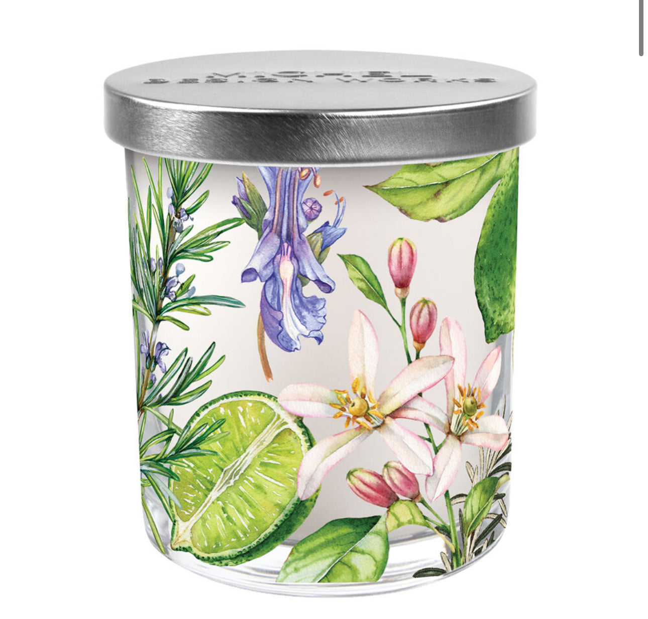 The Rosemary & Margarita Jar Candle features a vibrant botanical print with lime slices, flowers, green leaves, and purple blossoms. It has a decorative silver lid and contains soy blend wax for a luxurious fragrance. Available sizes: 8 oz, 16 oz.