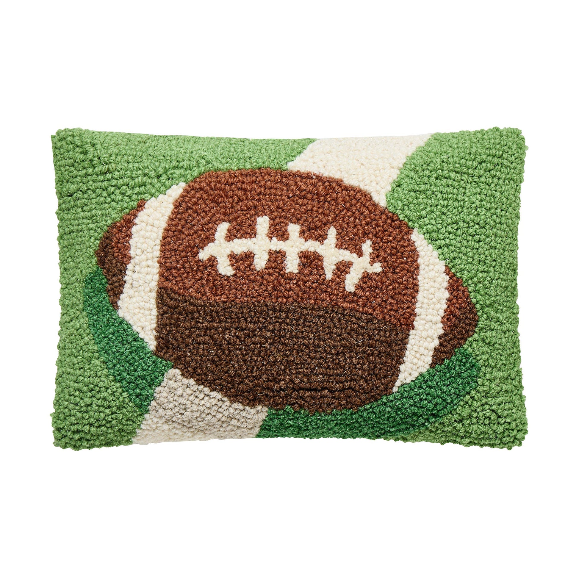 Rectangular wool hooked pillow with a brown football design. Available sizes: 16″x20″.