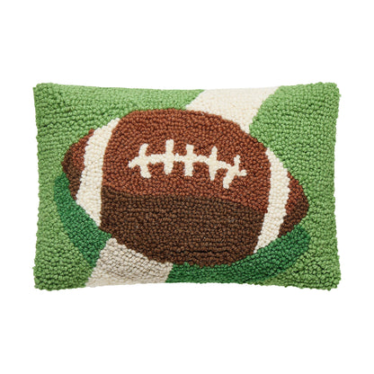 Rectangular wool hooked pillow with a brown football design. Available sizes: 16″x20″.