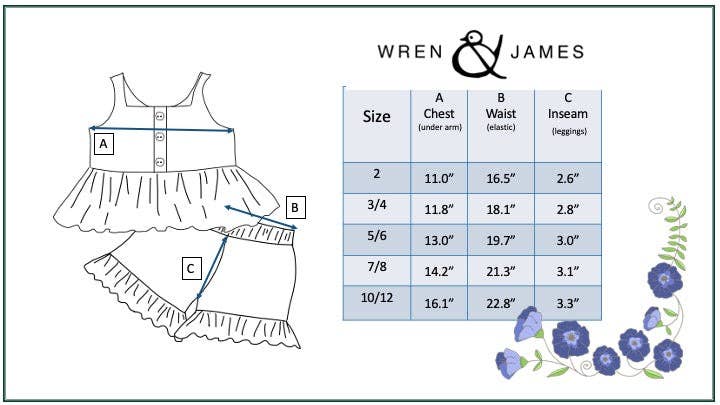 Kids Blue Check Gingham Ruffle Button Short Set with labeled measurements. Sizes: 2–10/12. Wren & James logo shown.