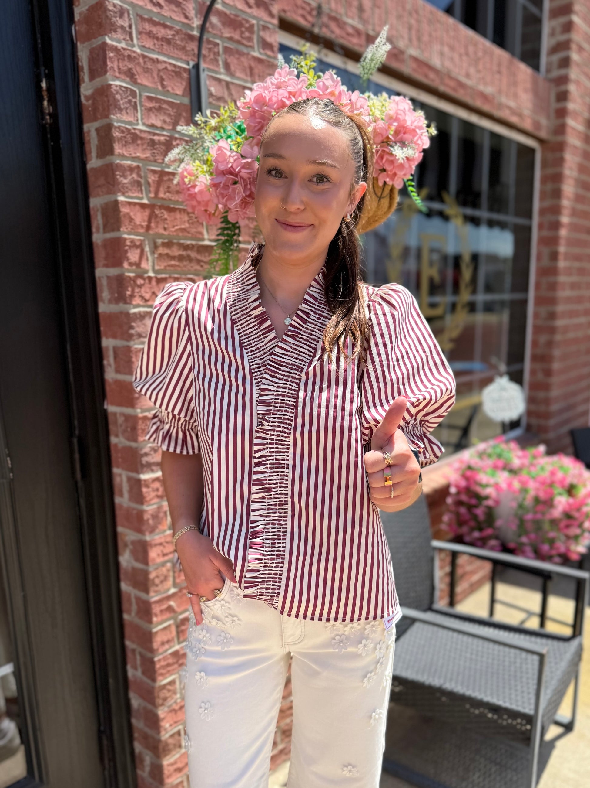 Maroon striped cinched blouse with short sleeves, available in sizes XS-XL.