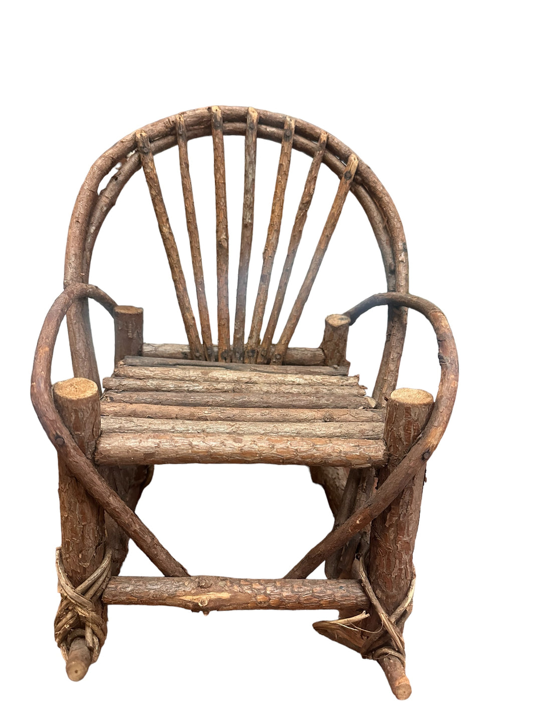 Rustic wooden Grapevine Doll Rocker with curved stick-spoke back, thick arms, handmade look. Available in small and large sizes.